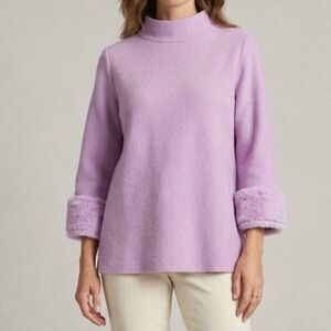 Fate sweater pullover sweater Lilac purple  fur trim 3/4 sleeves, mock neck Sm
